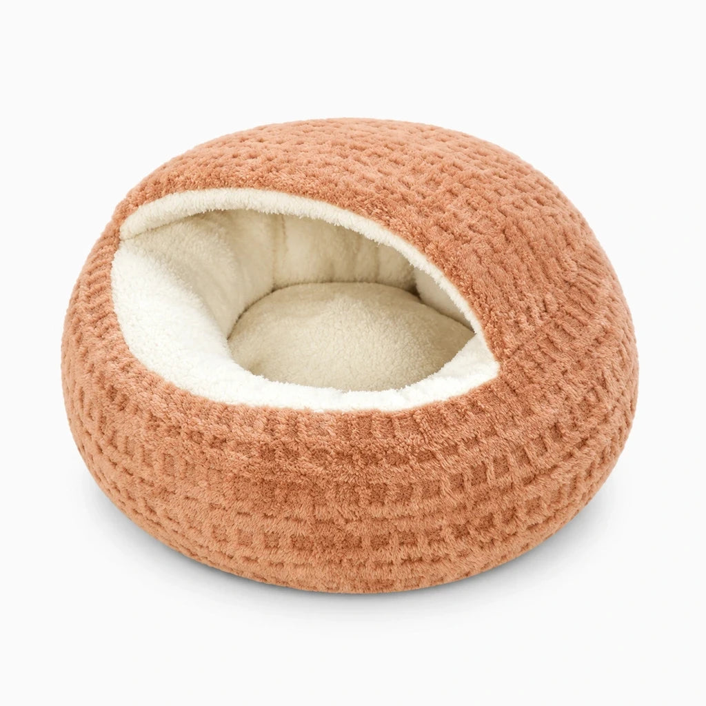 Couchage pour chat en forme de coquille semi-fermée, tissu épais marron, refuge douillet pour chats