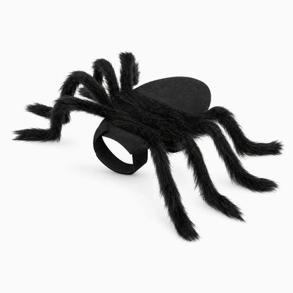 Déguisement araignée chien vu de côté, huit pattes en peluche noire et sangle à scratch