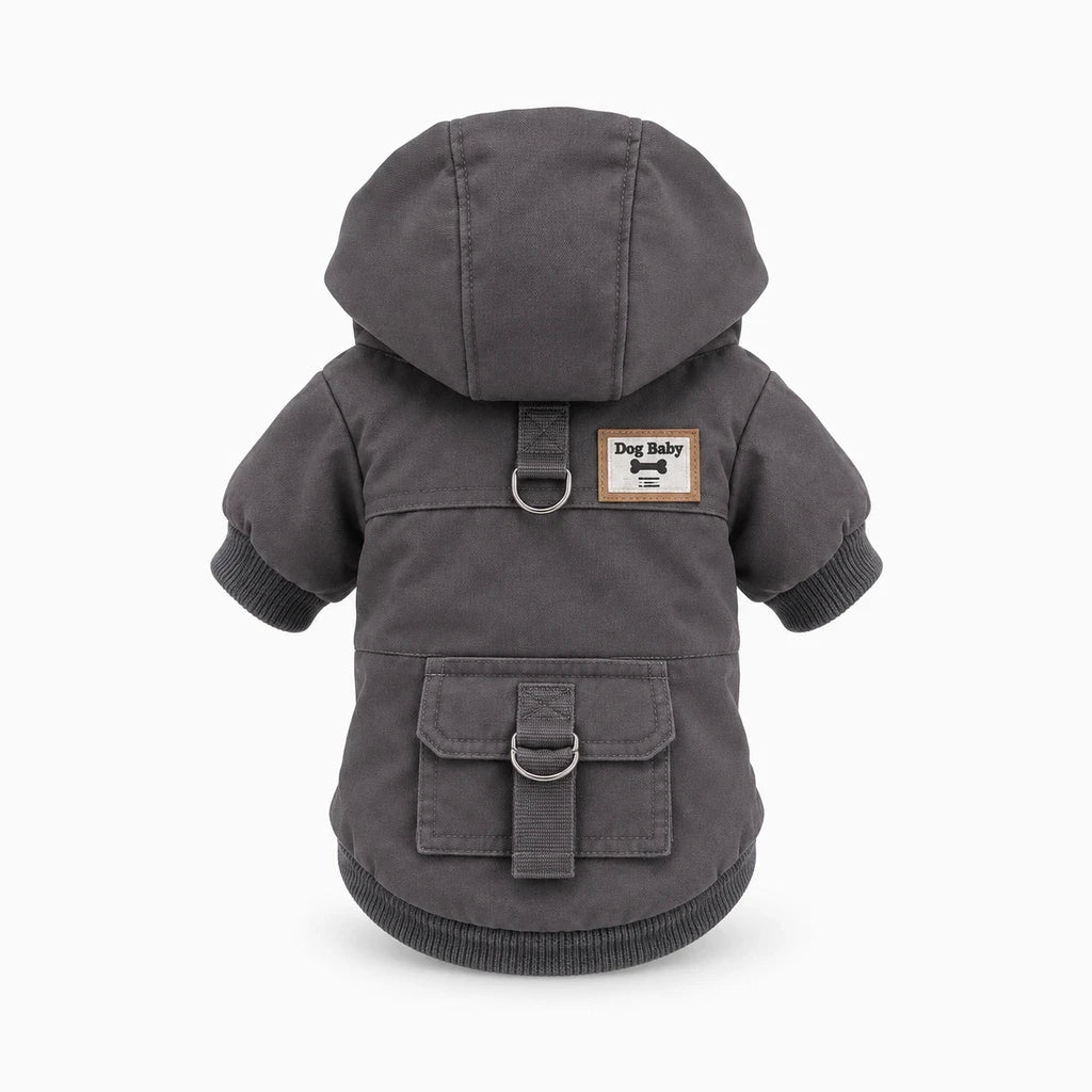 Doudoune chien grise avec capuche, vue de face sur petit chien en position assise