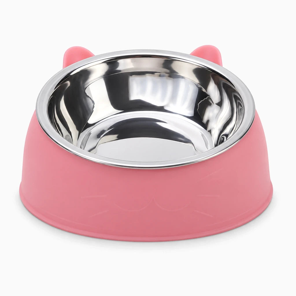 Bol inox pour chat rose à bord surélevé facilitant l'accès