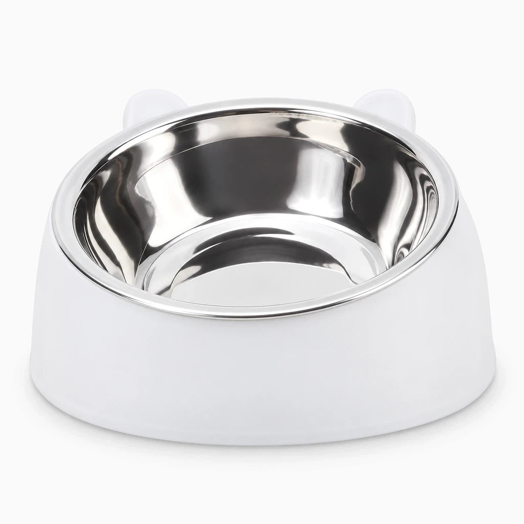 Gamelle inox chat blanc vue de profil angle ergonomique