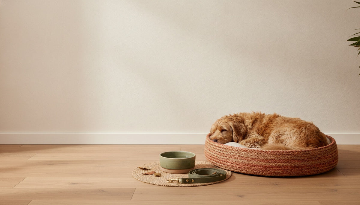 Chien endormi dans un panier tressé près d'une gamelle et d'une laisse, dans une entrée claire.