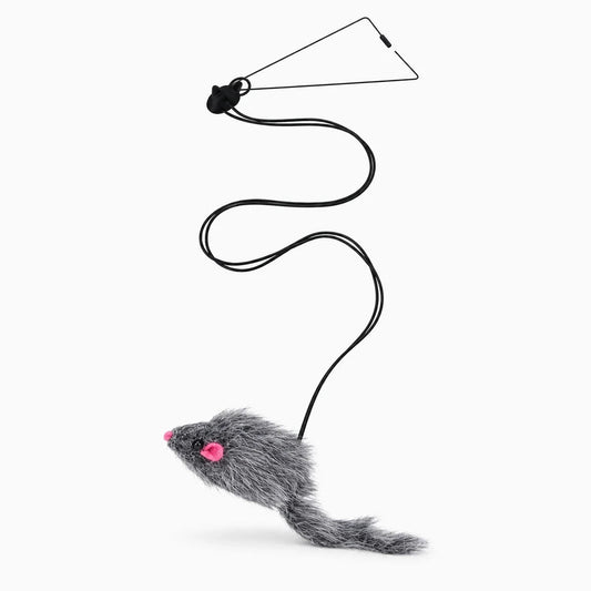 Jeu chat souris suspendu à tige rétractable, souris noire en équilibre sur porte