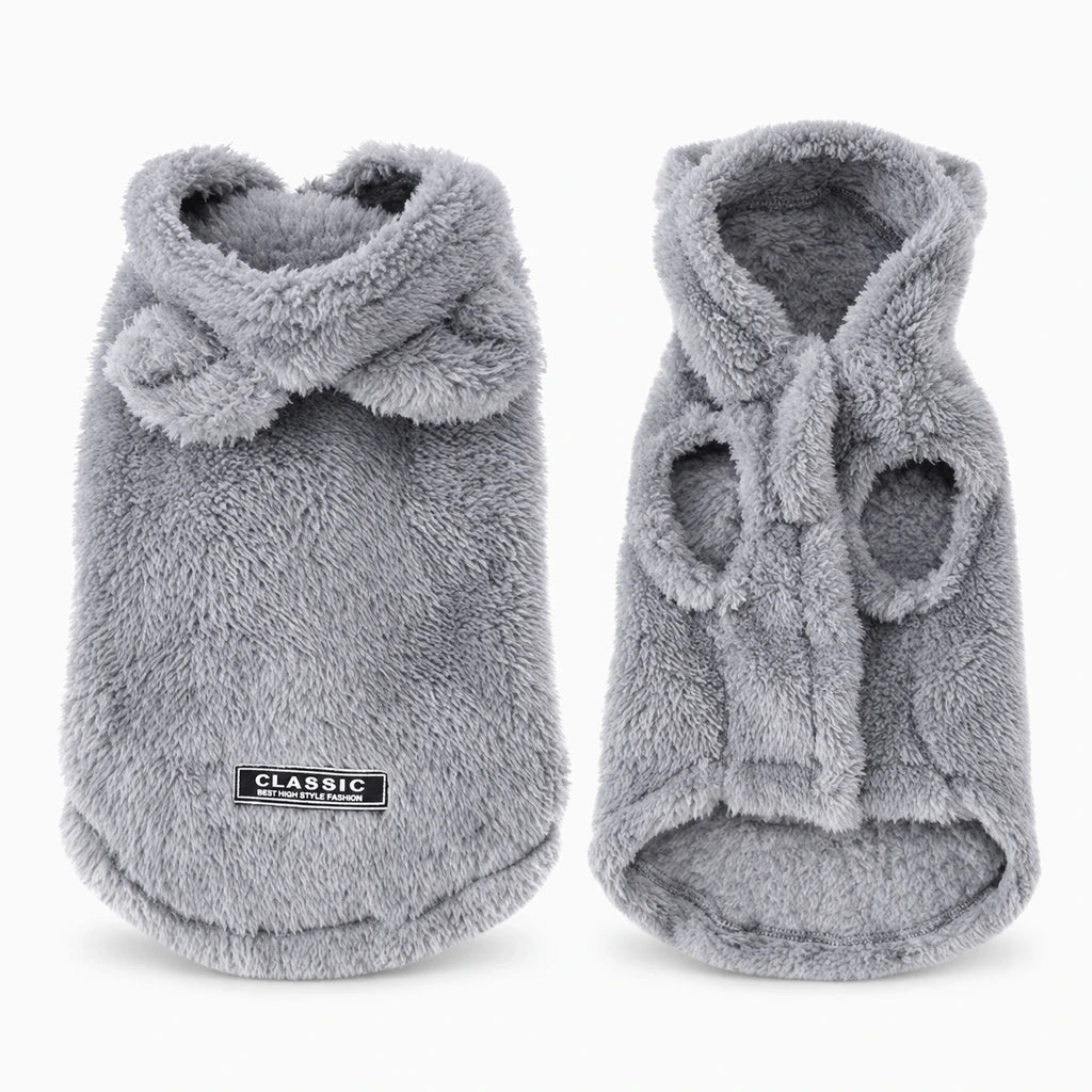 Manteau pour petit chien avec capuche en molleton gris, vue de face
