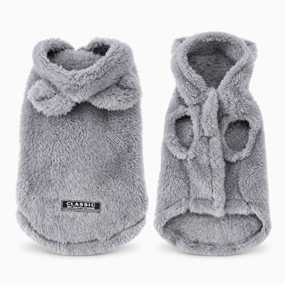 Manteau pour petit chien avec capuche en molleton gris, vue de face