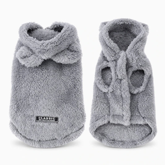 Manteau pour petit chien avec capuche en molleton gris, vue de face