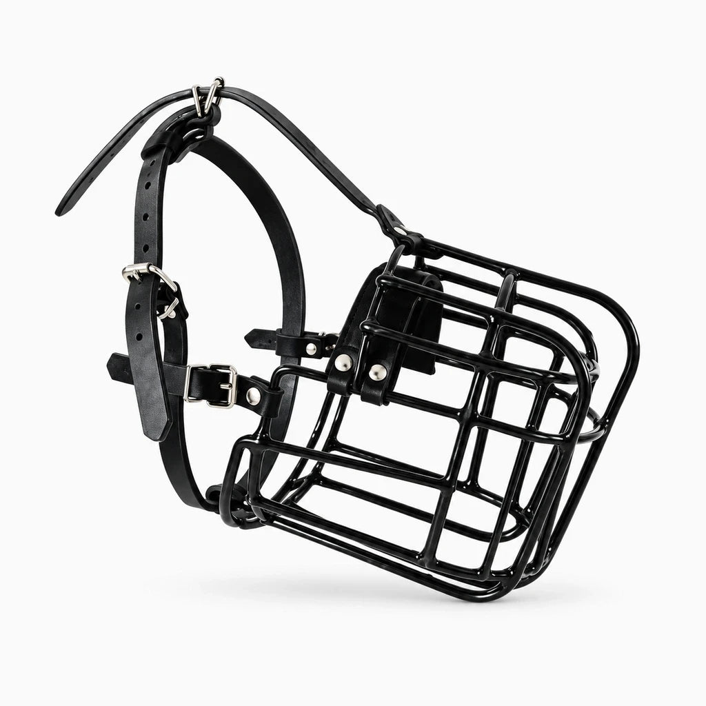 Muselière cage chien noir avec sangles en cuir ajustables pour grand chien