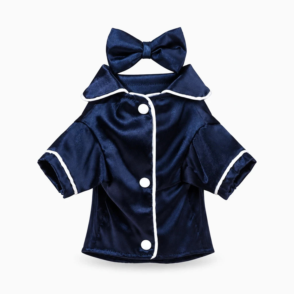 Pyjama chien en satin doux, coupe ajustée avec bandeau à nœud assorti pour petit chien ou chat
