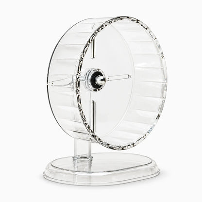 Roue d'exercice hamster stable transparent montrant l'intérieur avec structure sécurisée