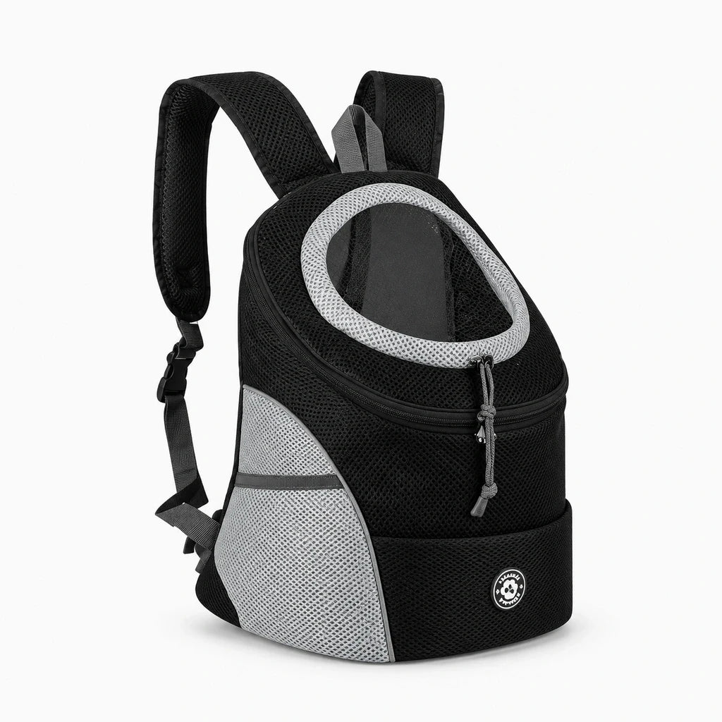 Sac à dos avant en textile noir avec petit chien à l'intérieur, maintien sécurisé et confortable