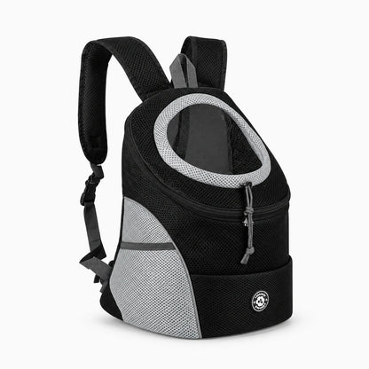 Sac à dos avant en textile noir avec petit chien à l'intérieur, maintien sécurisé et confortable
