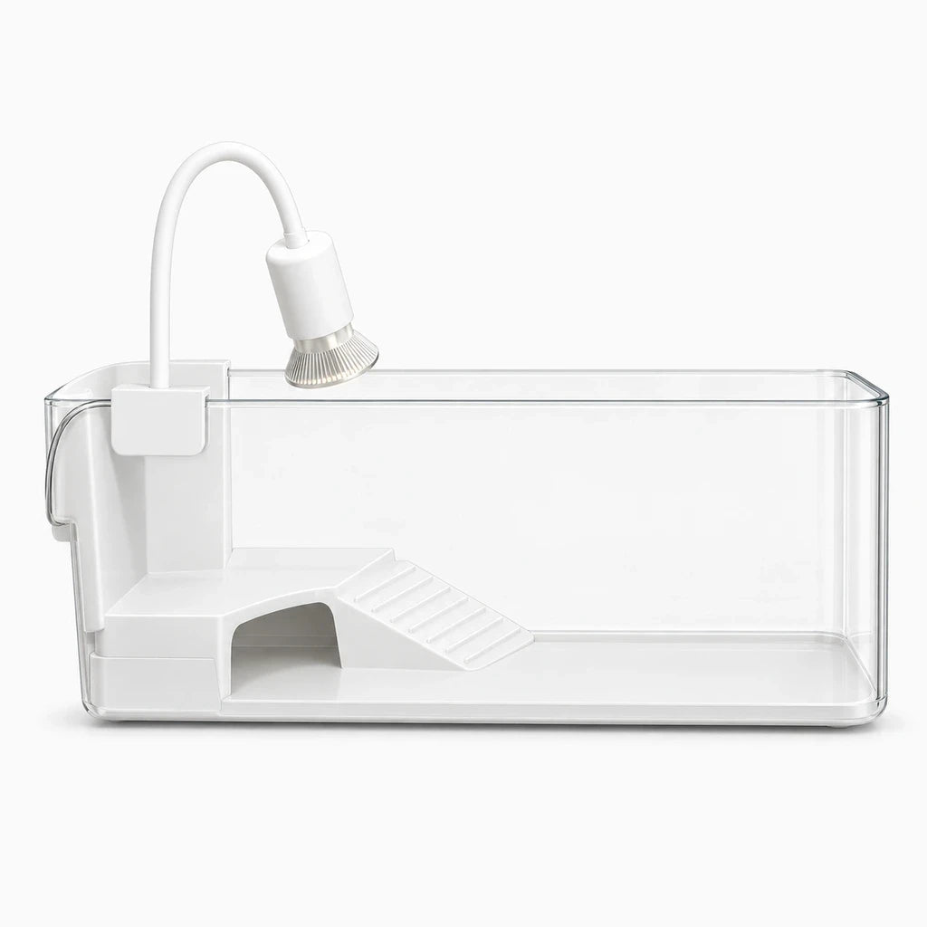 Boîte de repos en plastique blanc compact, idéale pour tortues et lézards sur étagère